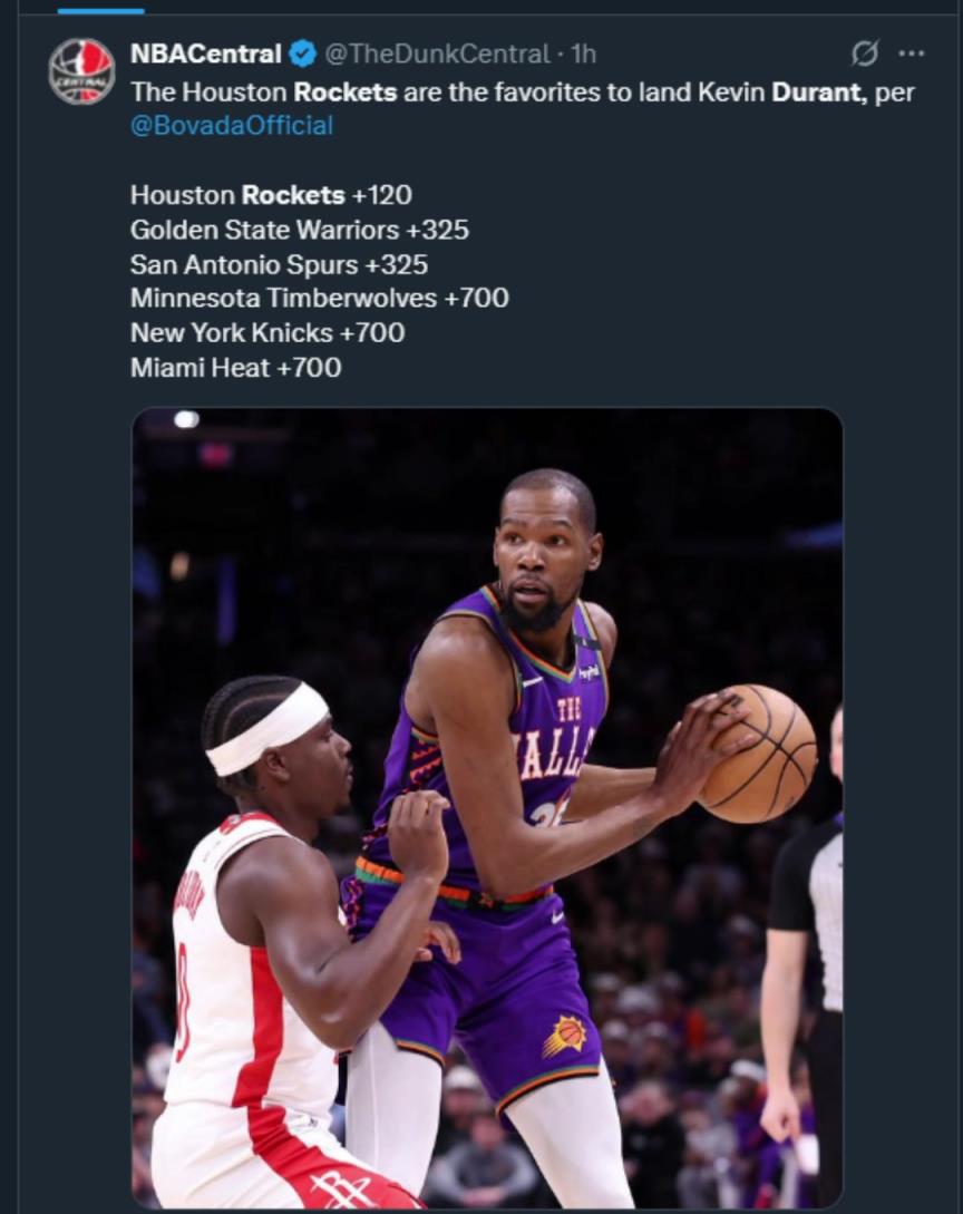 難道說？美媒曬杜蘭特下家賠率，火箭大幅度領(lǐng)跑！